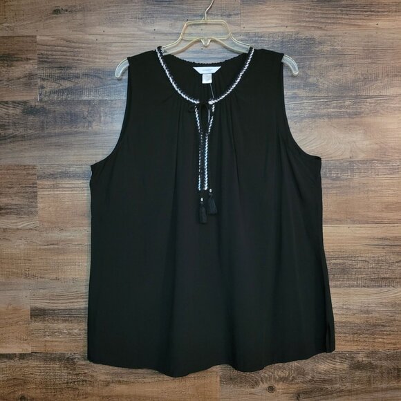 CJ Banks Top 2X Gauzy Braided Detail Tassel Tie Notched Neck Pleated Black NWT - Picture 1 of 7